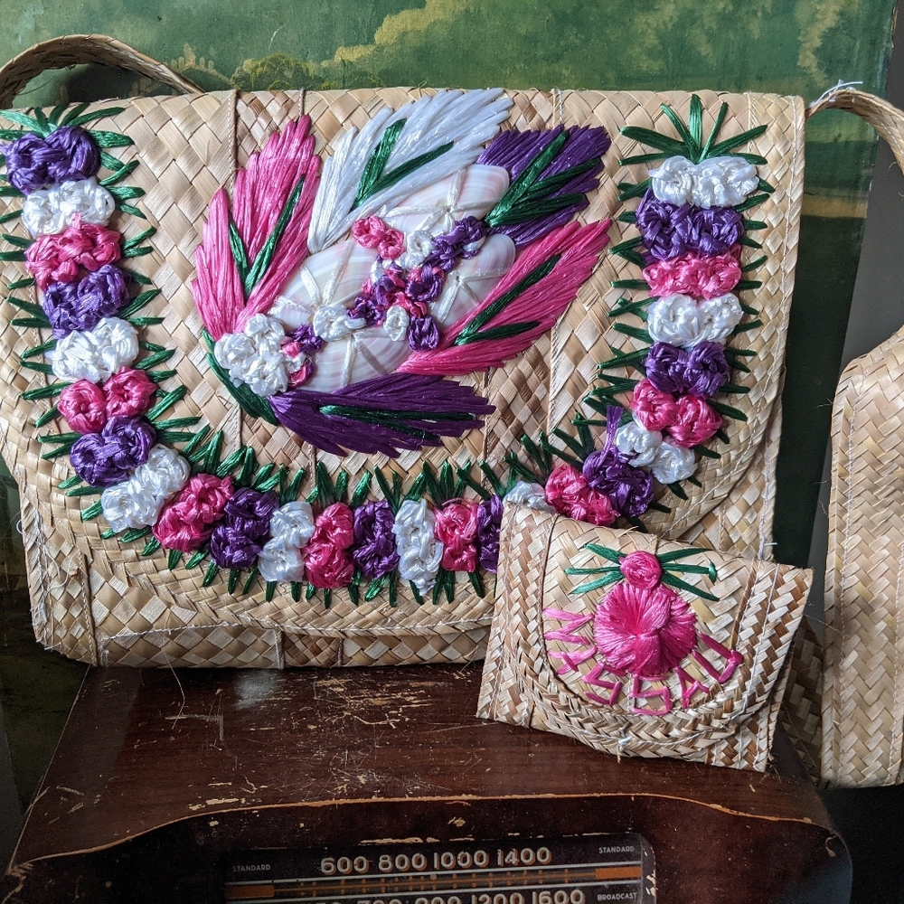 Vintage 1950s 1960s woven grass + raffia NASSAU tourist bag - Picture 2 of 7